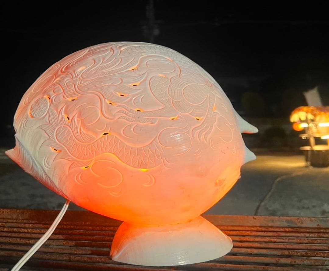 一点物 手彫りシェルランプ 彫刻入り 貝殻照明 大型 約40×50cm