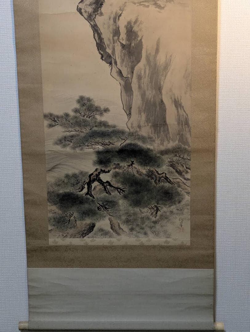 【真作】掛軸　藤原徳星　蓬莱双鶴　端正な墨彩画　吉祥画題　二重箱入　T121