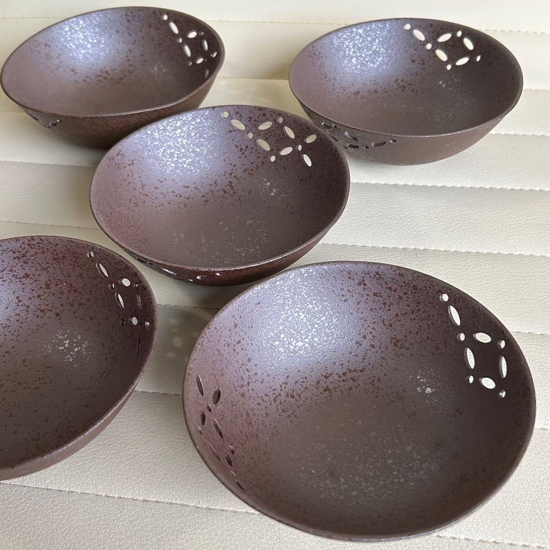 たち吉　七宝紋透かし　小鉢揃　5枚セット　小付　珍味入れ　和食器　土物　茶モダン