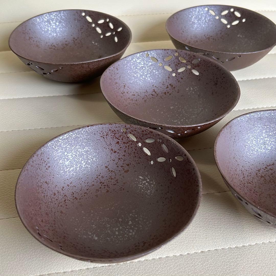 たち吉　七宝紋透かし　小鉢揃　5枚セット　小付　珍味入れ　和食器　土物　茶モダン