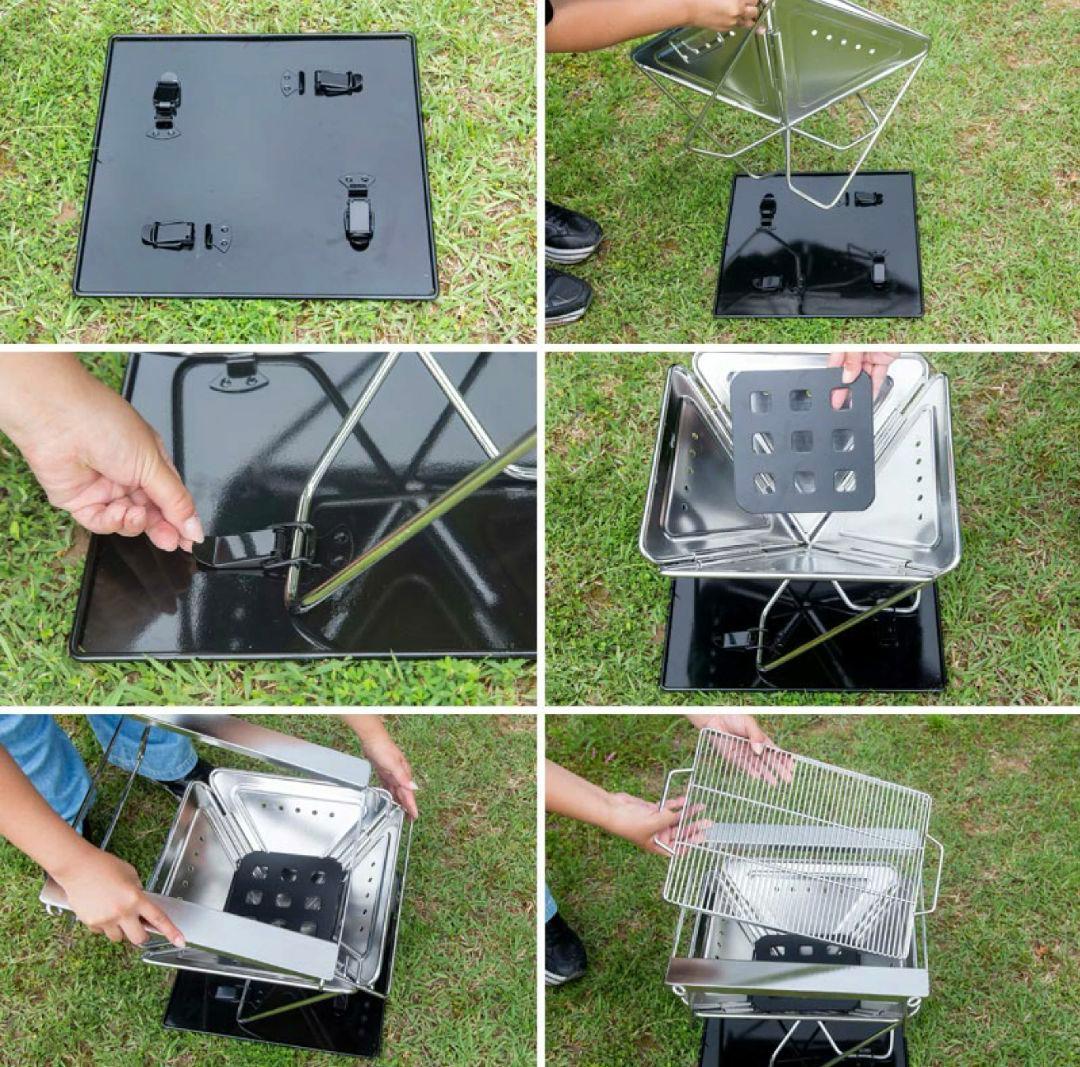 【未使用品】コンパクトステンレス製バーベキューコンロ 折りたたみ式、高さ5段階