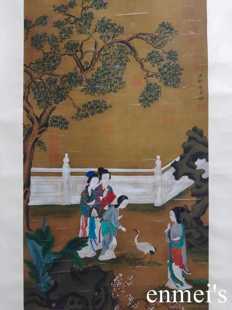 中国古美術・字画三尺仕女人物掛軸・水彩画・唐寅印款・書道品・絹本・仕女画・肉筆