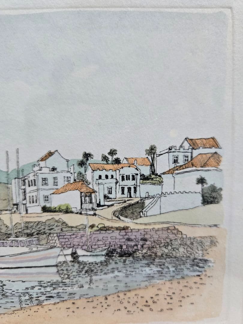 織田義郎 漁師の港 サイン入り版画 Fisherman’s Port 額装 港町