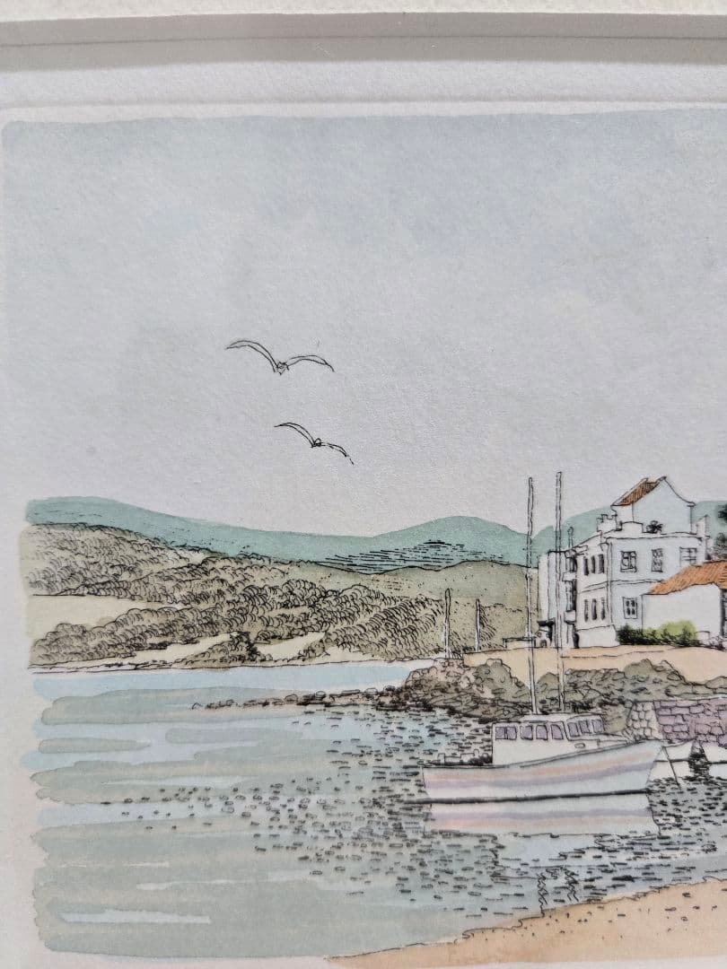 織田義郎 漁師の港 サイン入り版画 Fisherman’s Port 額装 港町