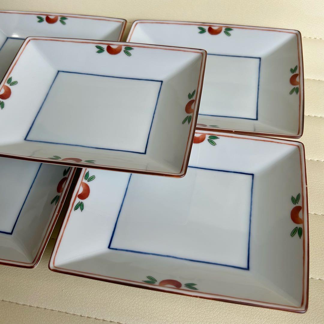 たち吉　赤絵　角皿　5枚セット　銘々皿　取り皿　小皿　和食器　長角皿　白磁　色絵