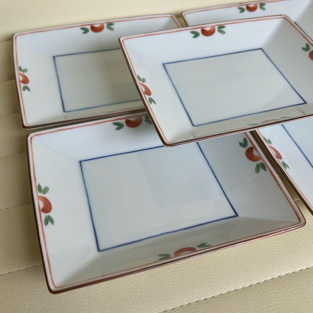 たち吉　赤絵　角皿　5枚セット　銘々皿　取り皿　小皿　和食器　長角皿　白磁　色絵