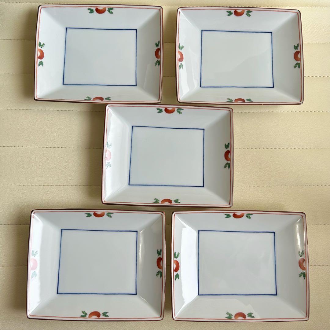 たち吉　赤絵　角皿　5枚セット　銘々皿　取り皿　小皿　和食器　長角皿　白磁　色絵