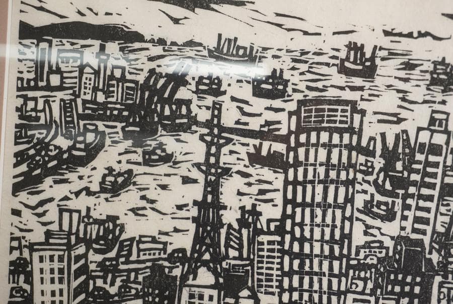 版画家 乾太 「神戸港センタープラザ　十八階より」創作版画 神戸風景