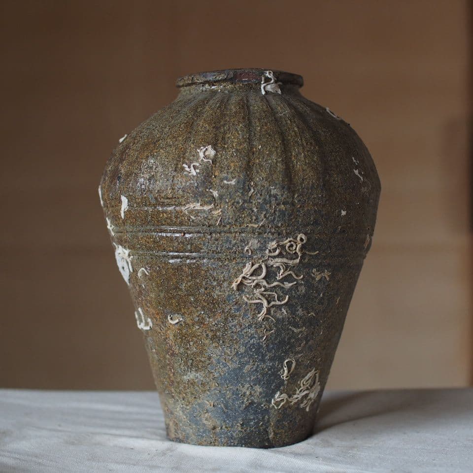 陶芸 壺型 陶器 緑がかった茶色 海上がり 古道具 古美術