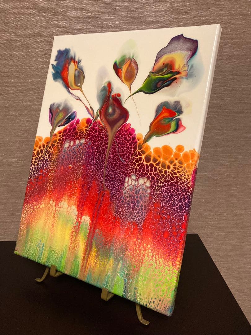 送料込み アクリルペイントアート 絵画 ラメ 赤 オレンジ