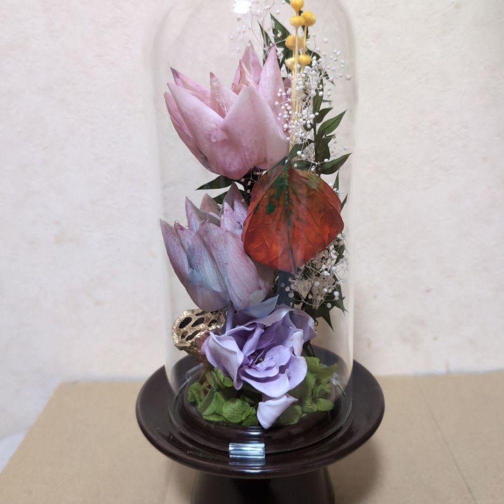 特選仏花　 大　一基 造花無し 蓮の花　プリザーブドフラワー ガラスドーム入り