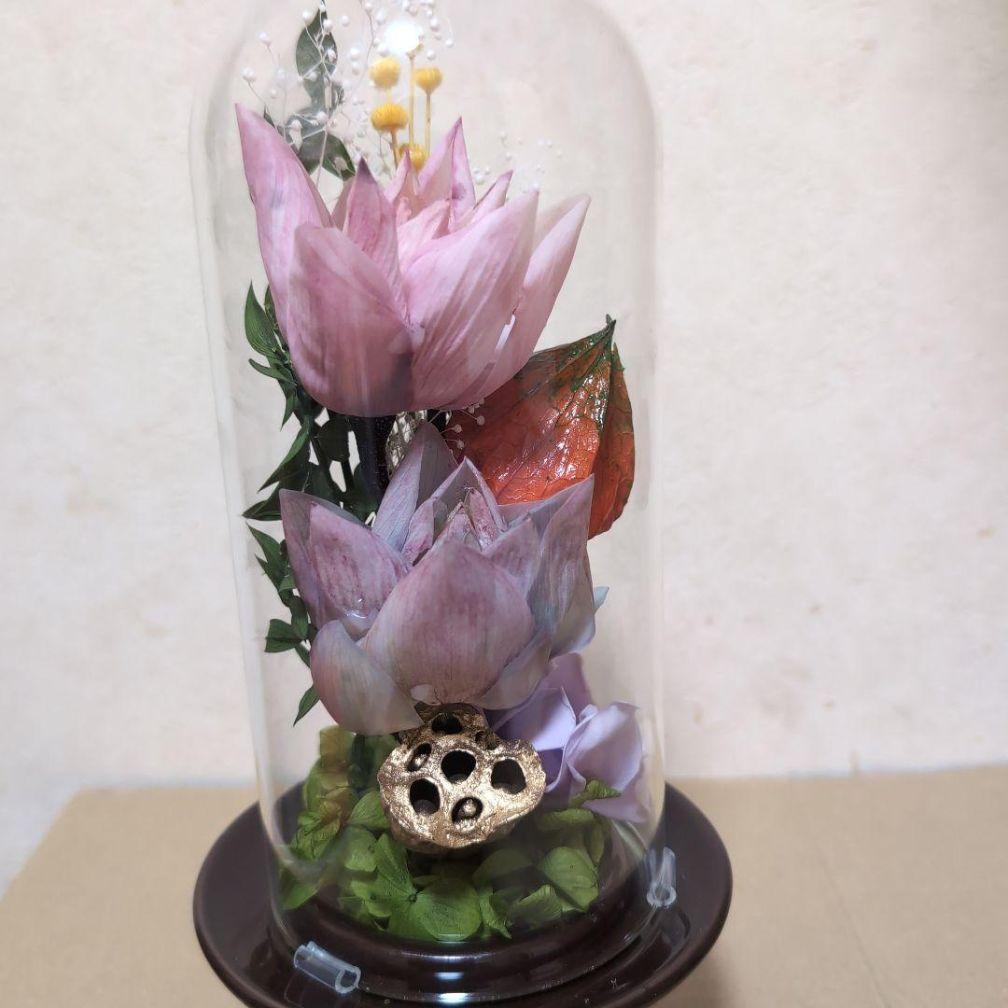 特選仏花　 大　一基 造花無し 蓮の花　プリザーブドフラワー ガラスドーム入り
