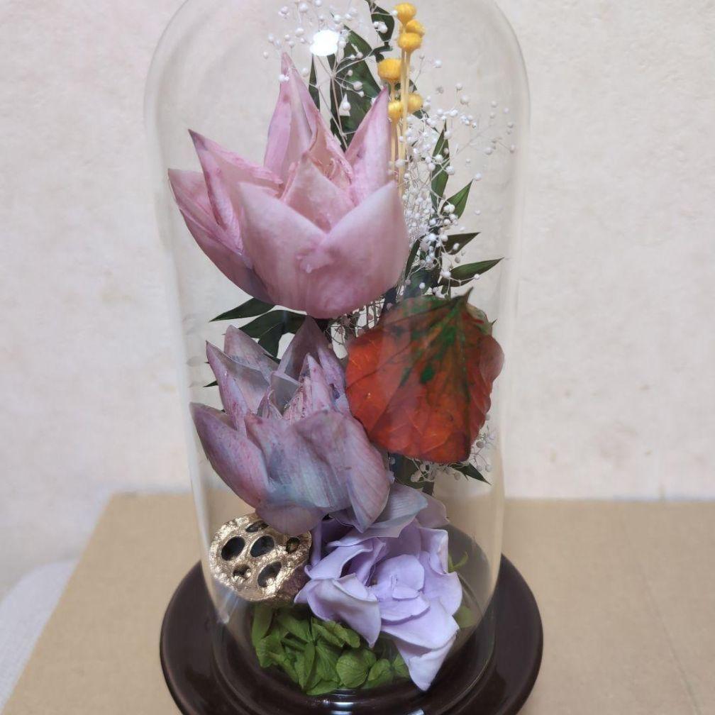 特選仏花　 大　一基 造花無し 蓮の花　プリザーブドフラワー ガラスドーム入り
