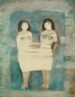 油絵 菅家令子 絵 絵画インテリア額付(青緑＋金色の枠) F6-102023女性