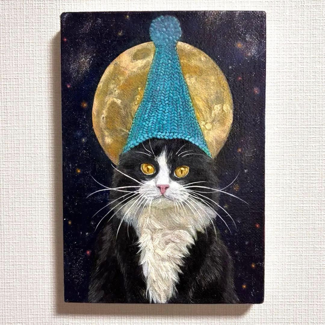 猫の手描き絵画 猫と月