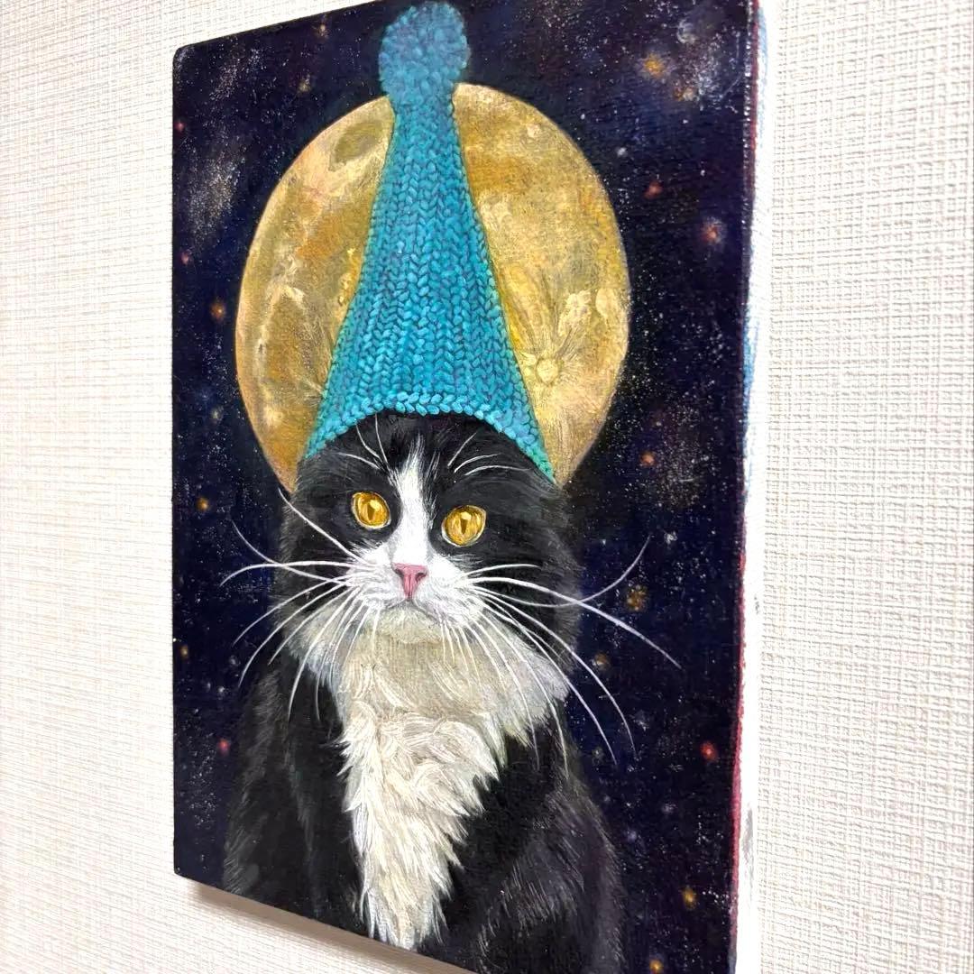 猫の手描き絵画 猫と月