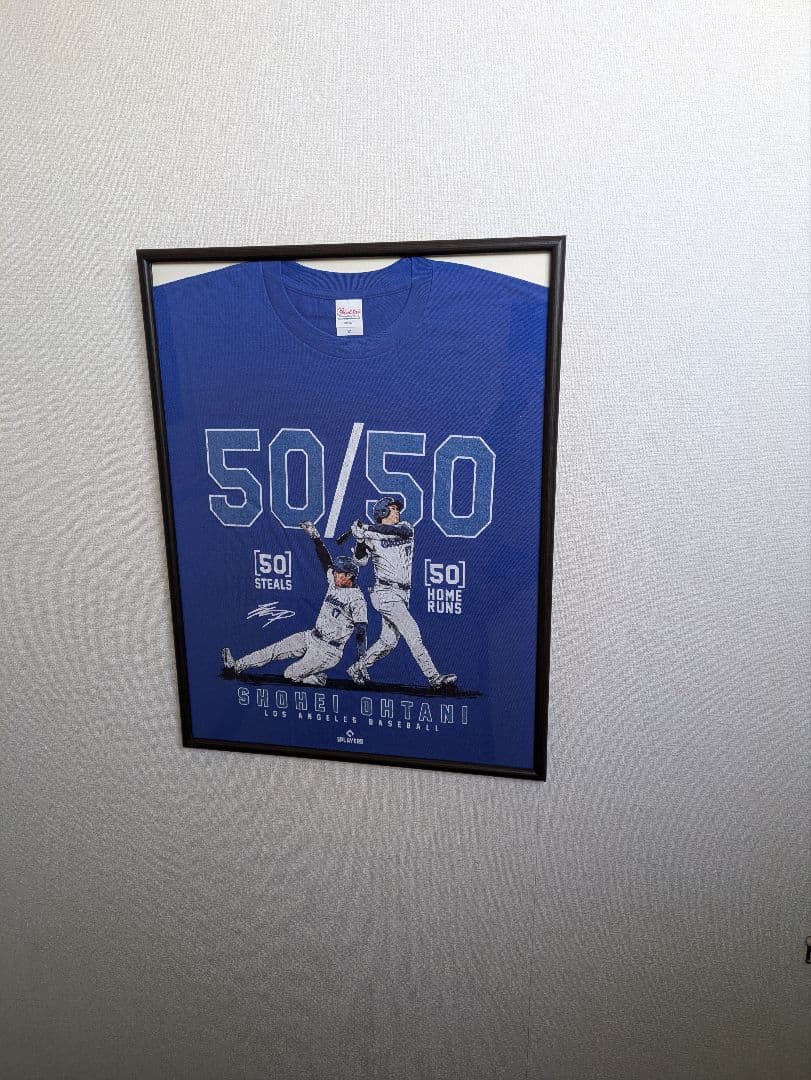 大谷翔平選手、50/50、Tシャツ、XLサイズ、Printstax社、額付