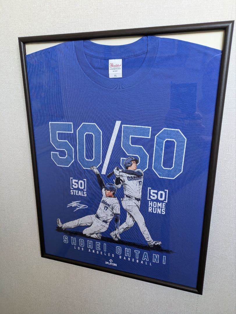 大谷翔平選手、50/50、Tシャツ、XLサイズ、Printstax社、額付