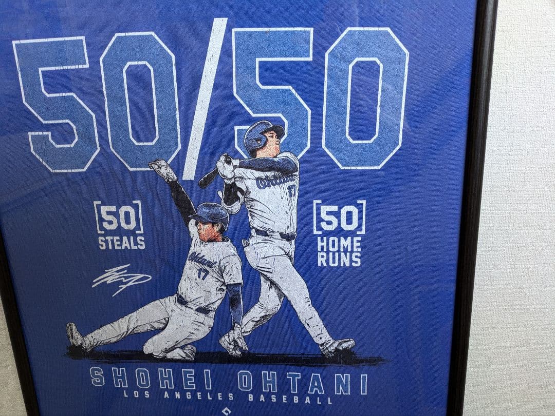 大谷翔平選手、50/50、Tシャツ、XLサイズ、Printstax社、額付