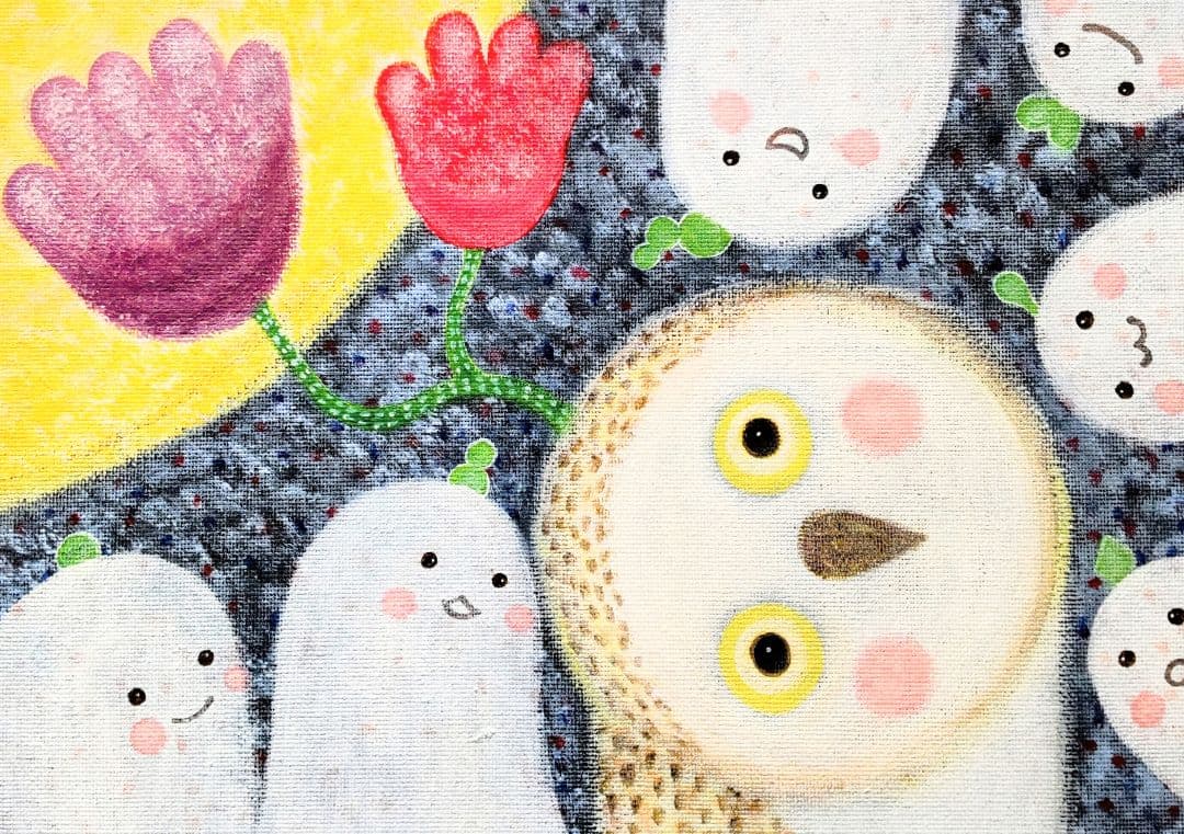 絵画 原画『花咲く夜の話』キャンバス(F4号) フクロウ 月 アート 一点もの