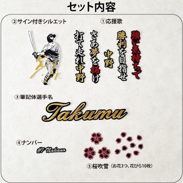 阪神タイガース 中野拓夢 刺繍ワッペン 5点セット 筆記体【黒】応援歌