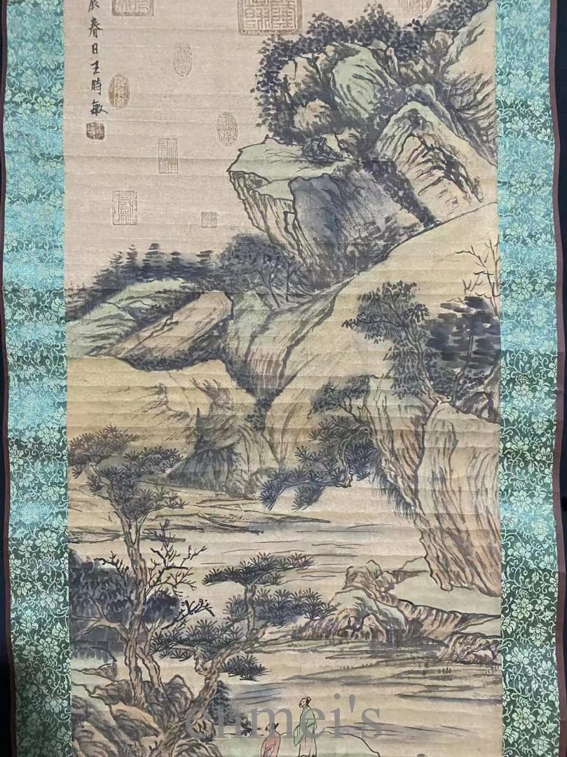 中国古美術『王時敏款 山水画』三尺中堂画 掛軸 表装済 宣紙 清代款 唐物 模写