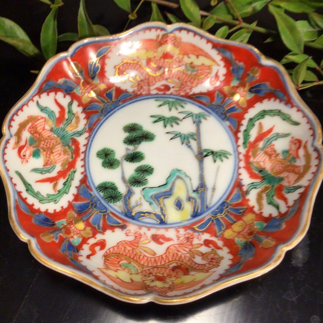 A608 古伊万里　極上赤絵　窓絵に団龍鳳凰紋様　綾花型　金縁　小皿5枚（箱付）