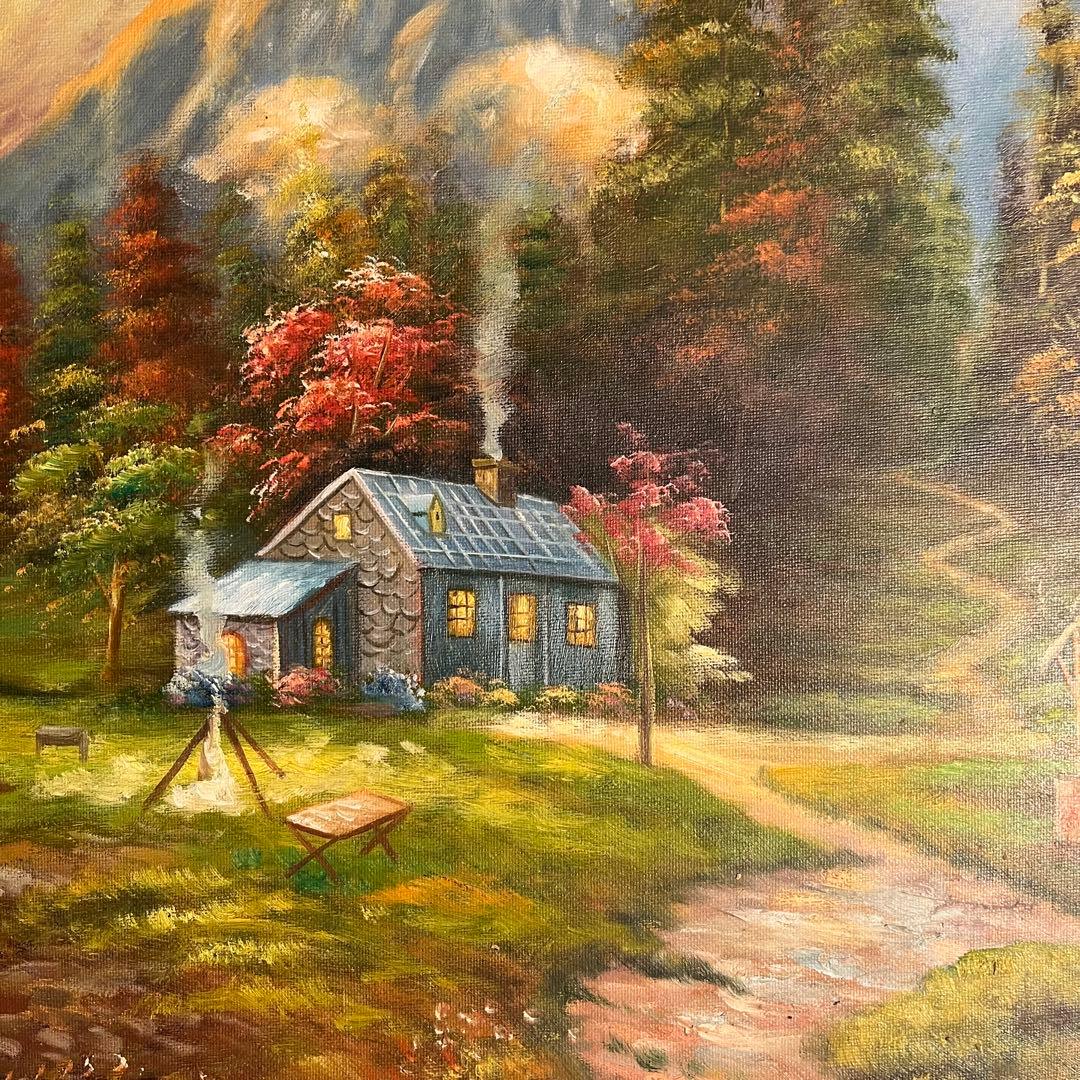 手書き油絵 静かな山河 額付 絵画 インテリア 油彩画