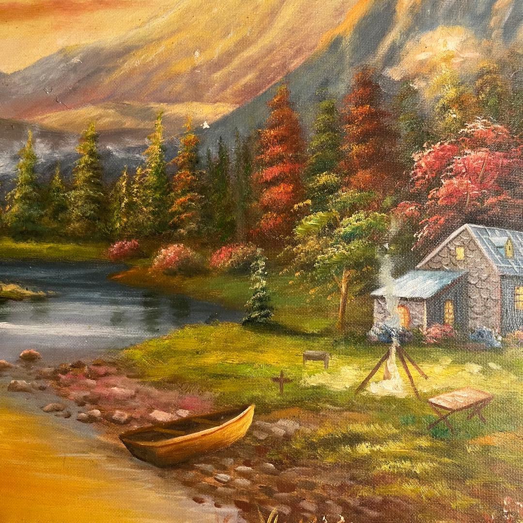 手書き油絵 静かな山河 額付 絵画 インテリア 油彩画