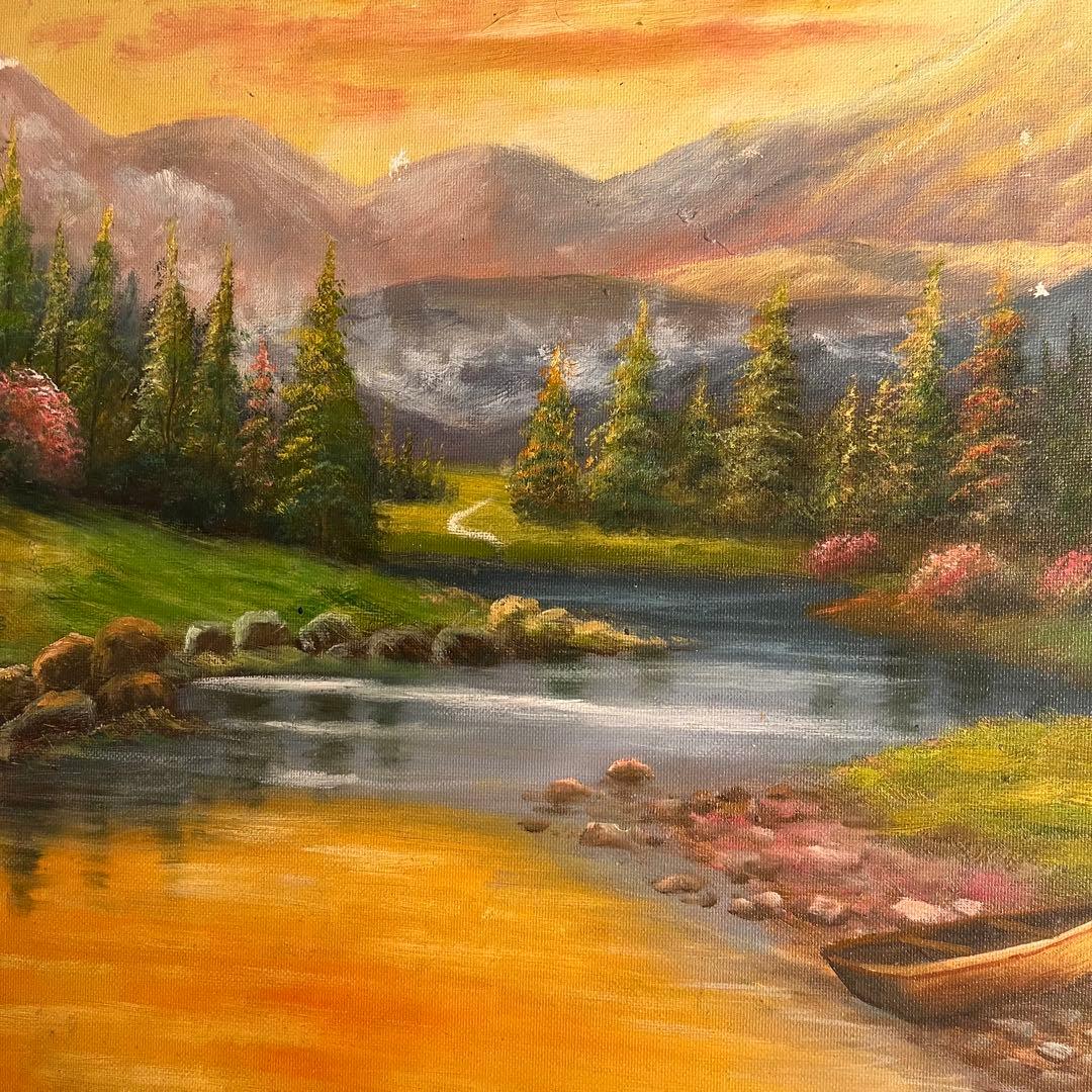 手書き油絵 静かな山河 額付 絵画 インテリア 油彩画