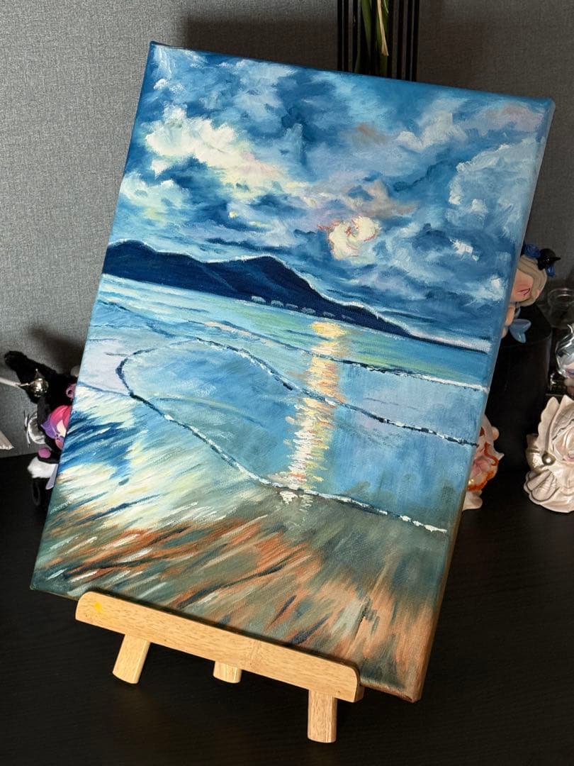 「海の落日」　手描き　肉筆　油絵　風景画　原画　油彩画