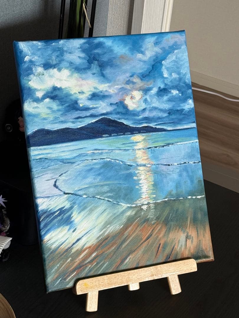 「海の落日」　手描き　肉筆　油絵　風景画　原画　油彩画