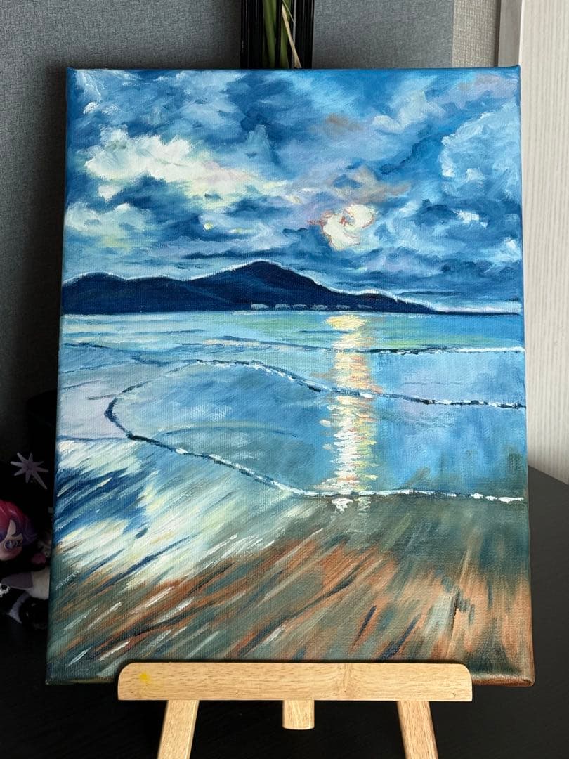 「海の落日」　手描き　肉筆　油絵　風景画　原画　油彩画