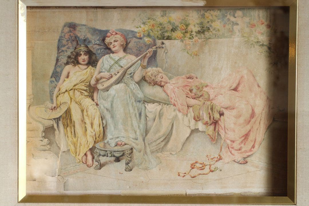 T926　アンティーク額装　シルクに描かれた少女達の絵画ヴィンテージディスプレイ