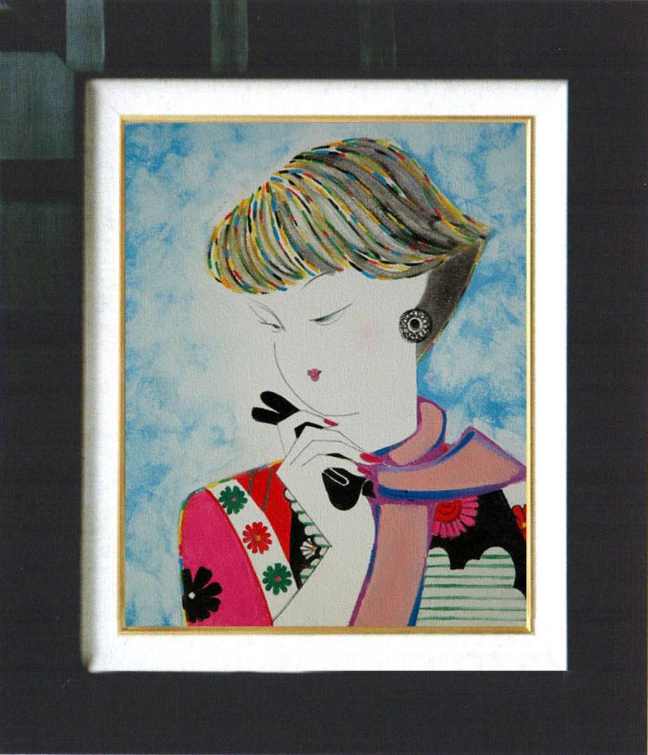 油絵 菅家令子 絵 絵画インテリア 額付(青緑＋金色の枠)F3-010311女性