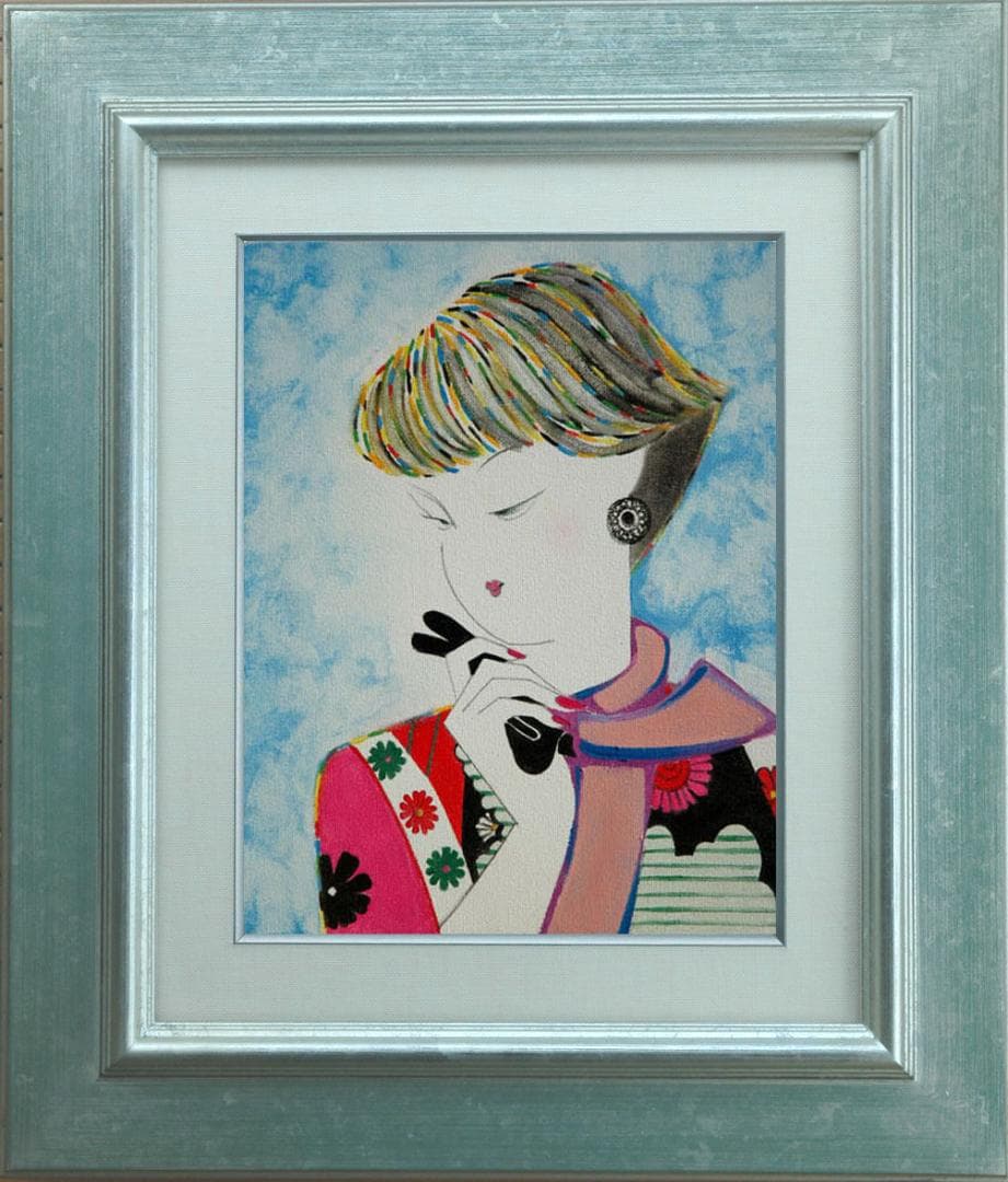 油絵 菅家令子 絵 絵画インテリア 額付(青緑＋金色の枠)F3-010311女性