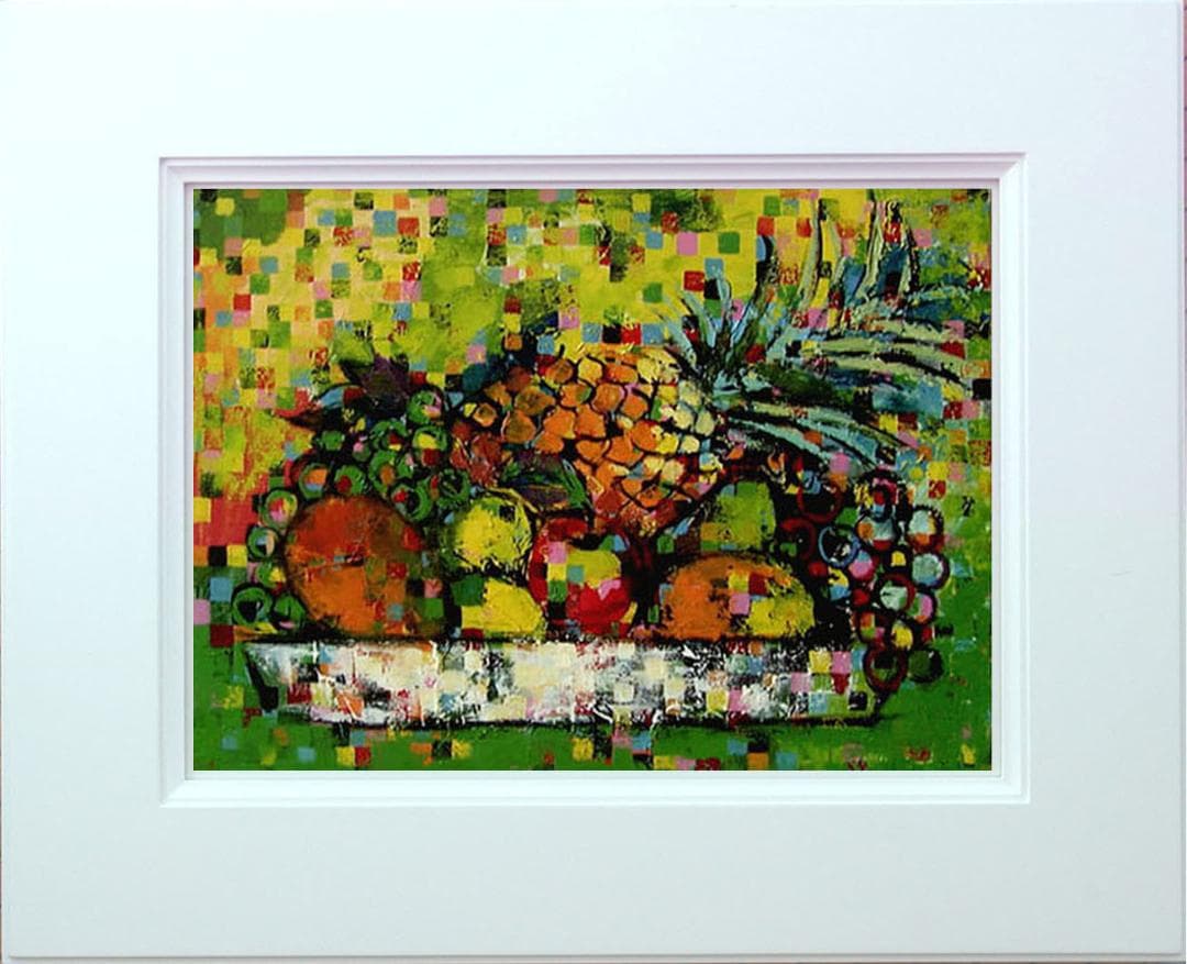 油絵 菅家令子 絵 絵画インテリア額付(青緑＋金色の枠)uF6-061103果物