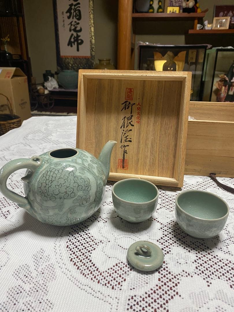 韓国人間国宝　柳海剛作　高麗青磁　茶器セット