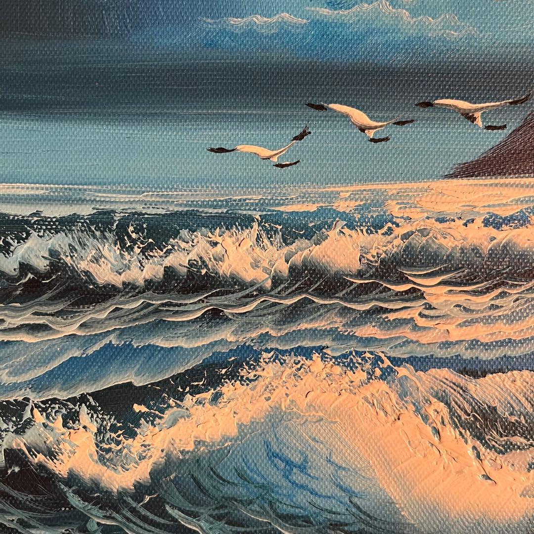 手書き油絵 荒海 額付 肉筆絵画 インテリア 油彩画