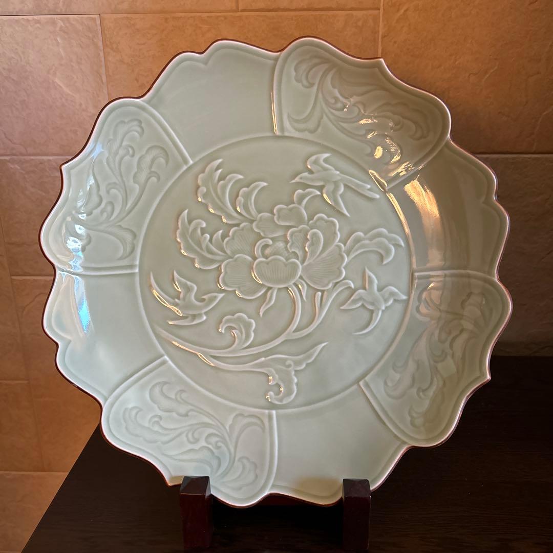 其泉窯 青白磁牡丹彫 盛皿 大皿 花形