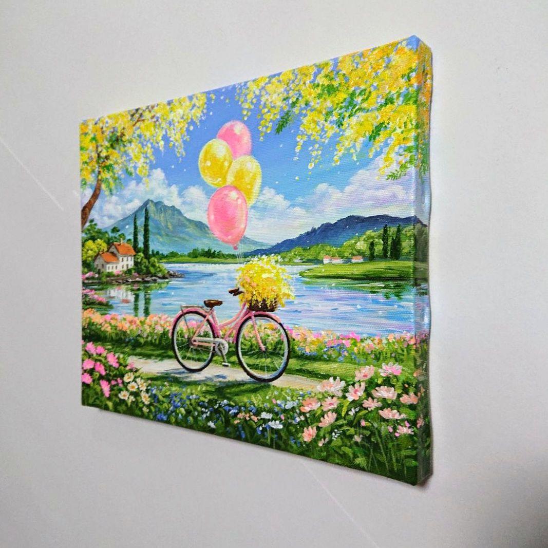 【湖畔のミモザ】アクリル画 F3 風景画 絵画