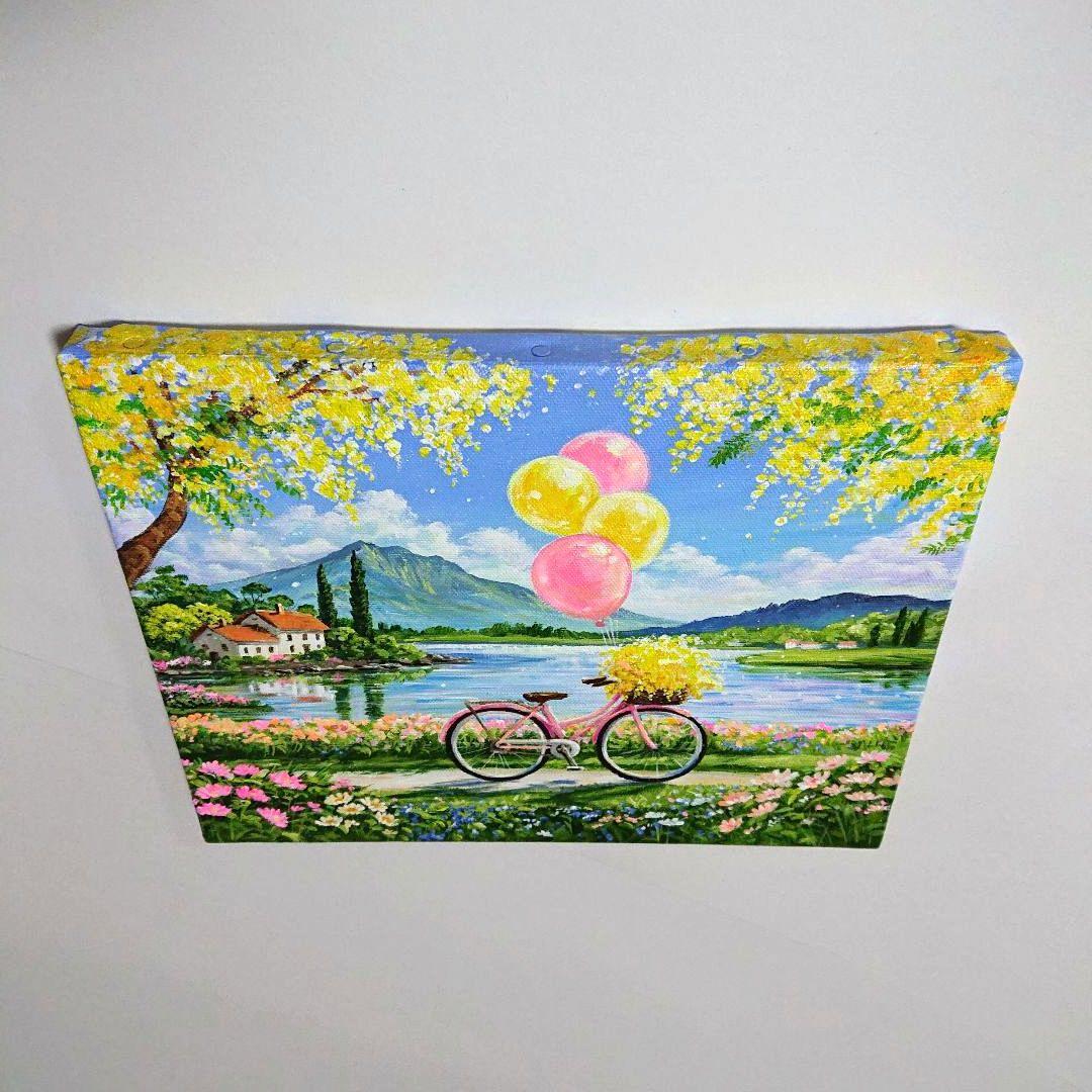 【湖畔のミモザ】アクリル画 F3 風景画 絵画