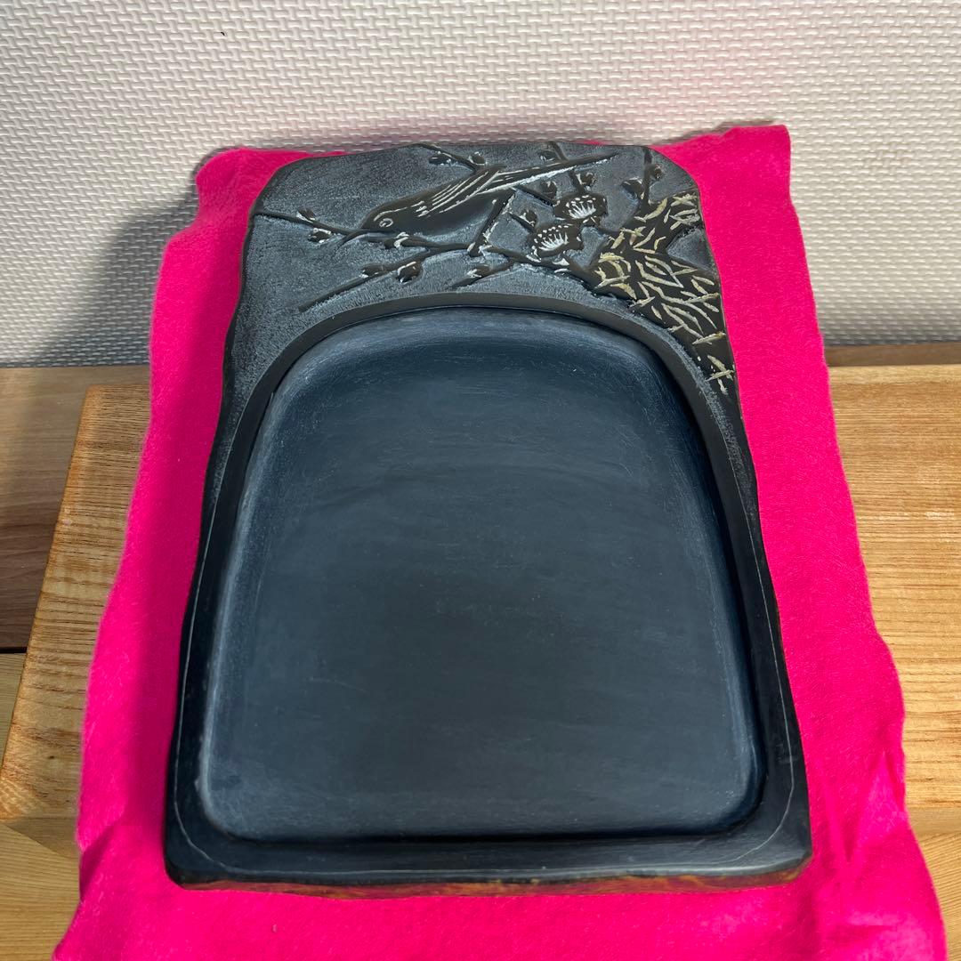 ⭕️大型雄勝硯　目出度い　鶯と梅花彫刻　名工　遠藤盛行　23cm超え