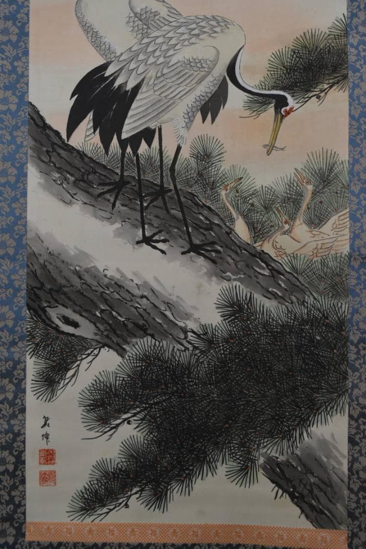 龍僊/龍仙/松上双鶴図/松鶴図/祝事掛/鶴巣籠図/掛軸/名家伝来/AA-428
