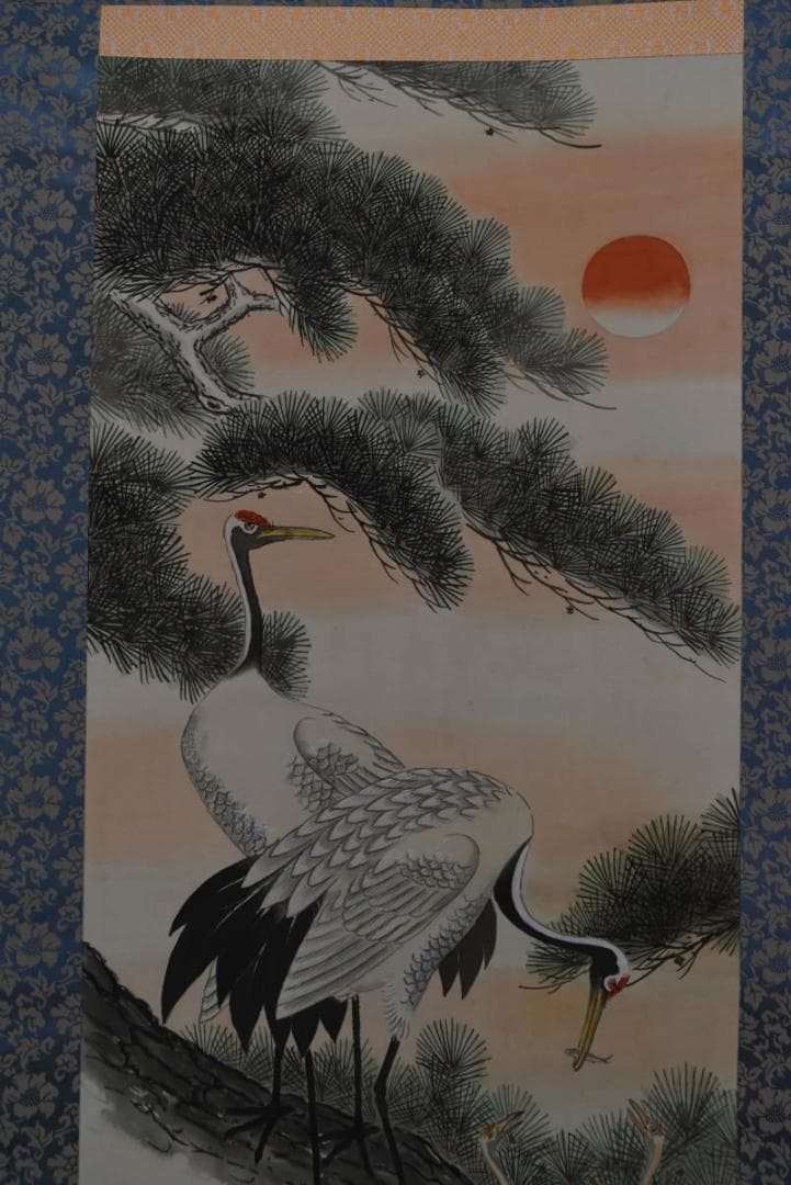 龍僊/龍仙/松上双鶴図/松鶴図/祝事掛/鶴巣籠図/掛軸/名家伝来/AA-428