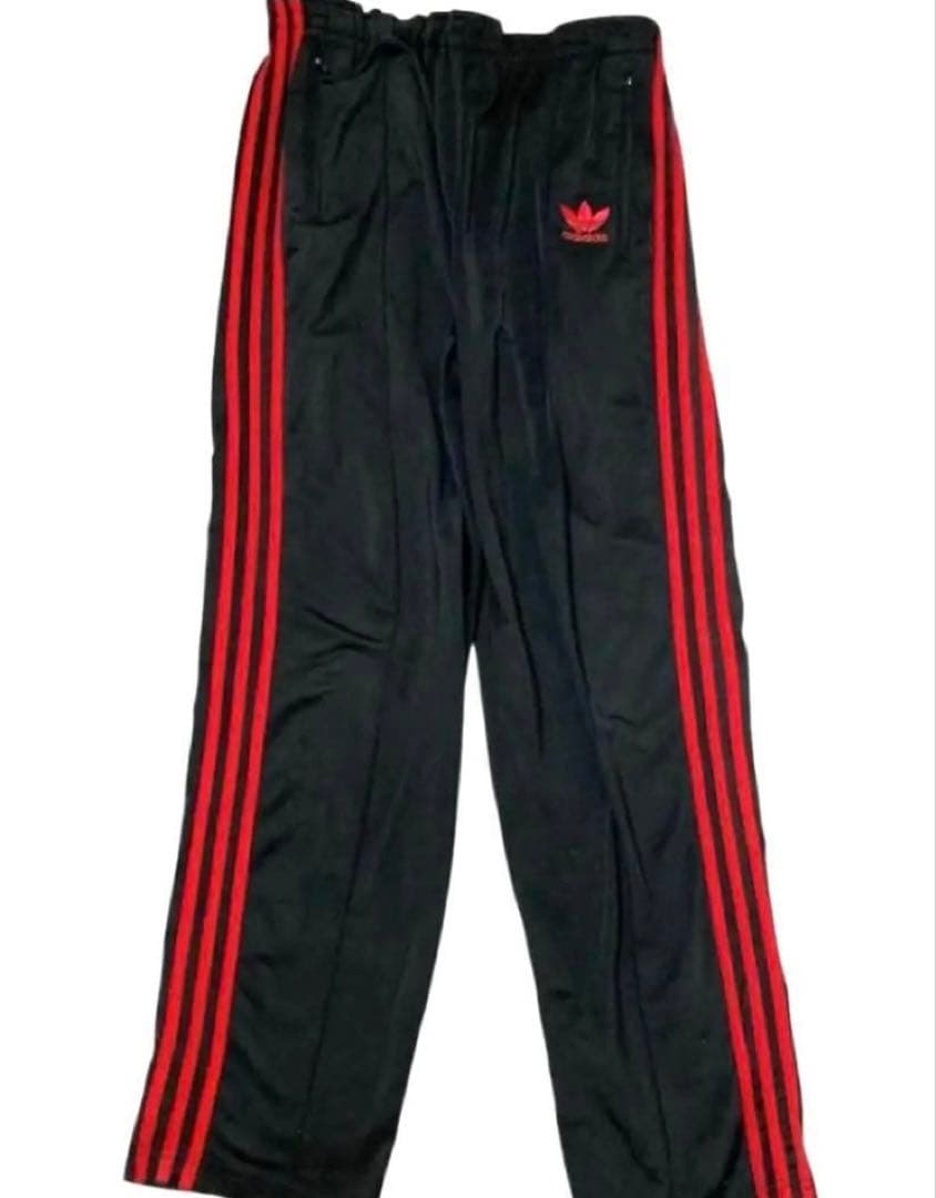 ビンテージ adidas 万国旗タグ ワイドパンツ 極太黒赤ライン ジャージ