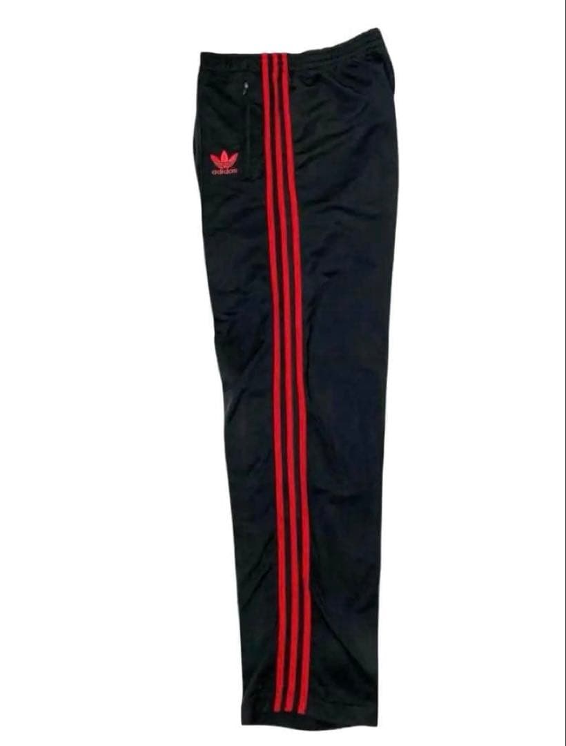 ビンテージ adidas 万国旗タグ ワイドパンツ 極太黒赤ライン ジャージ