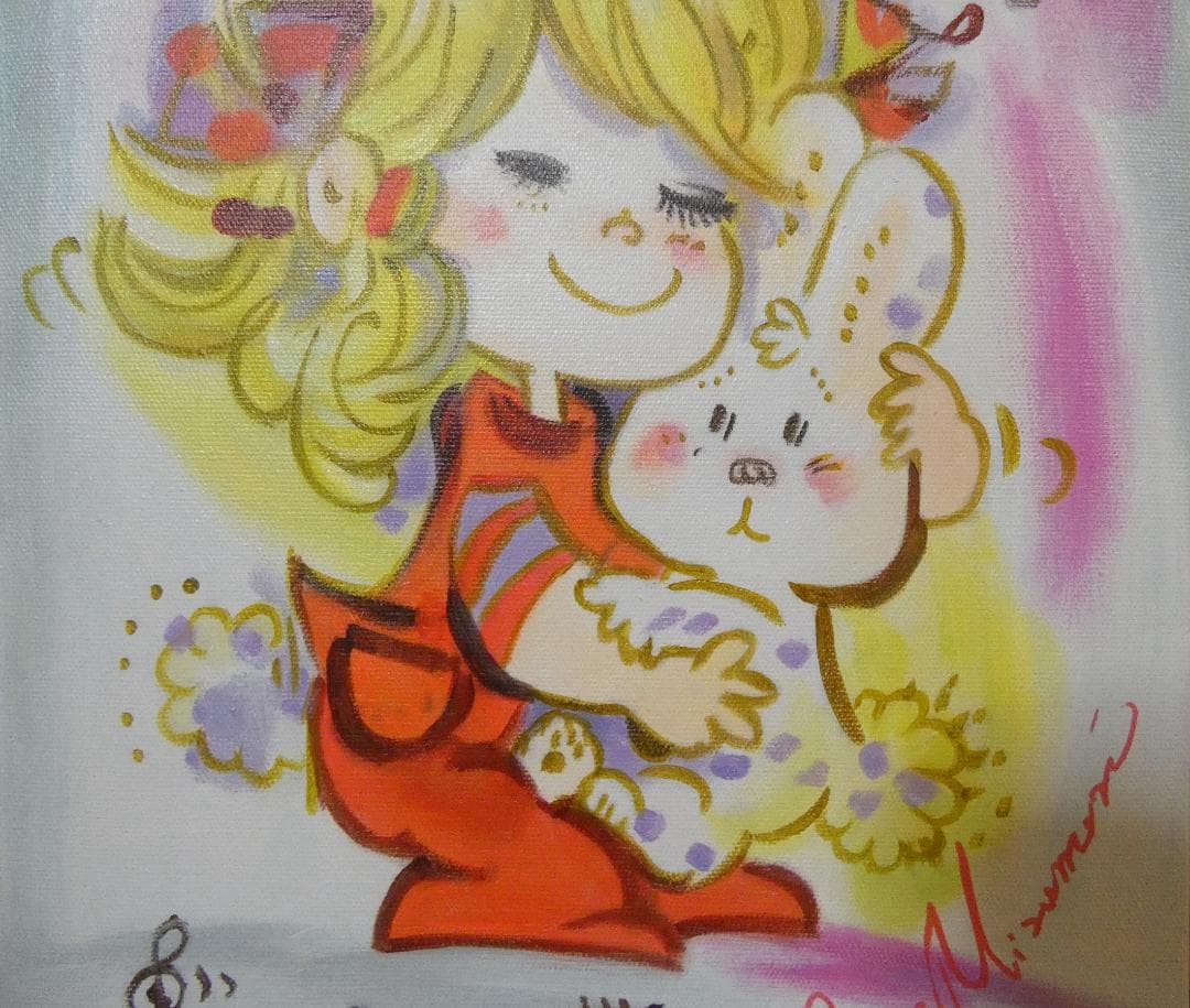 人物画　油絵　水森亜土　女の子　F6号　額付き　手描き　肉筆