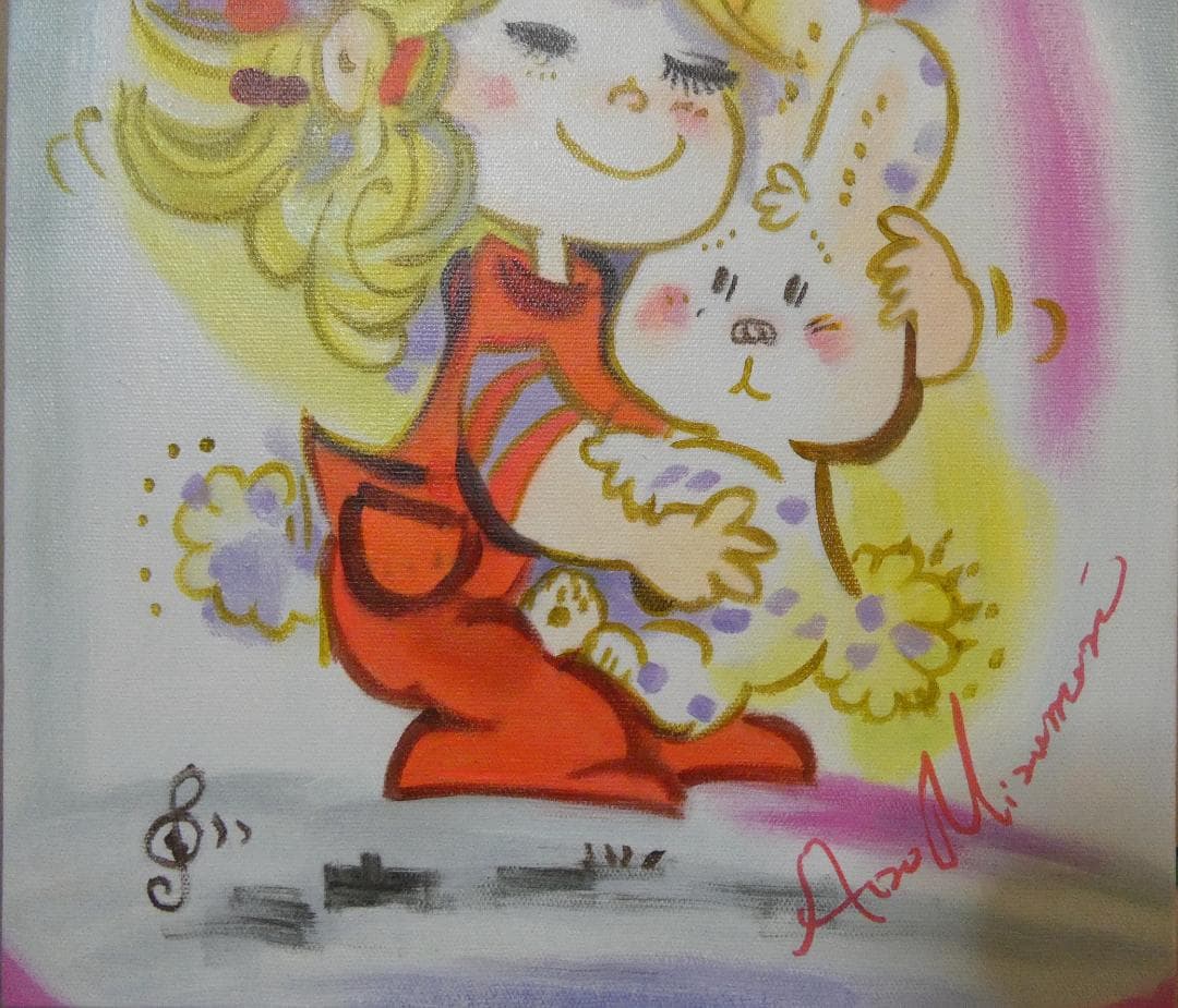 人物画　油絵　水森亜土　女の子　F6号　額付き　手描き　肉筆