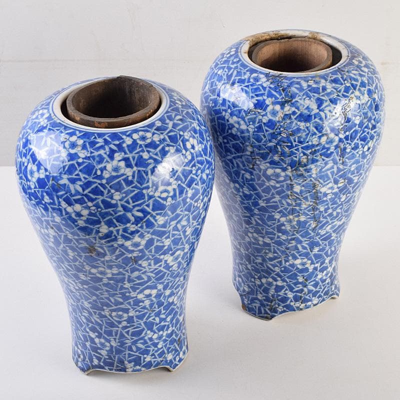 瀬戸焼　古瀬戸　染付　梅文　花瓶　一對　F　R9624B